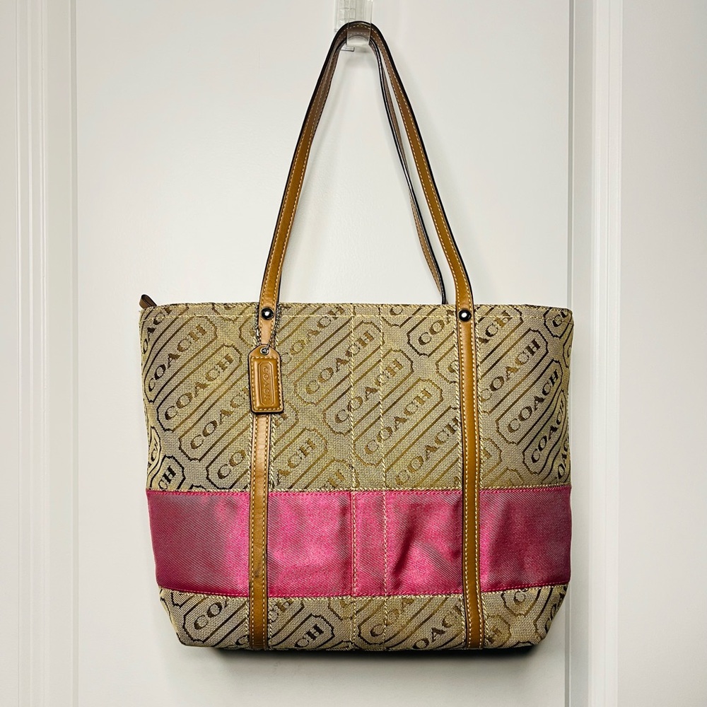 Coach Lozenge Brown Canvas Leather Trim Pink Gold Stripe Travel Work Tote Bag